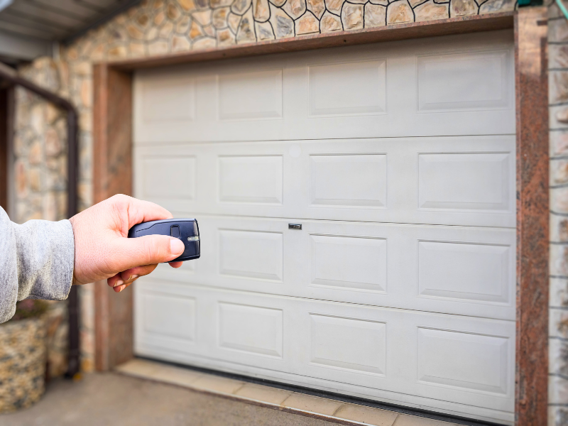 An image of a home owner using their garage door opener after repairs by Proffitt's Garage Door Repair and Install Inc