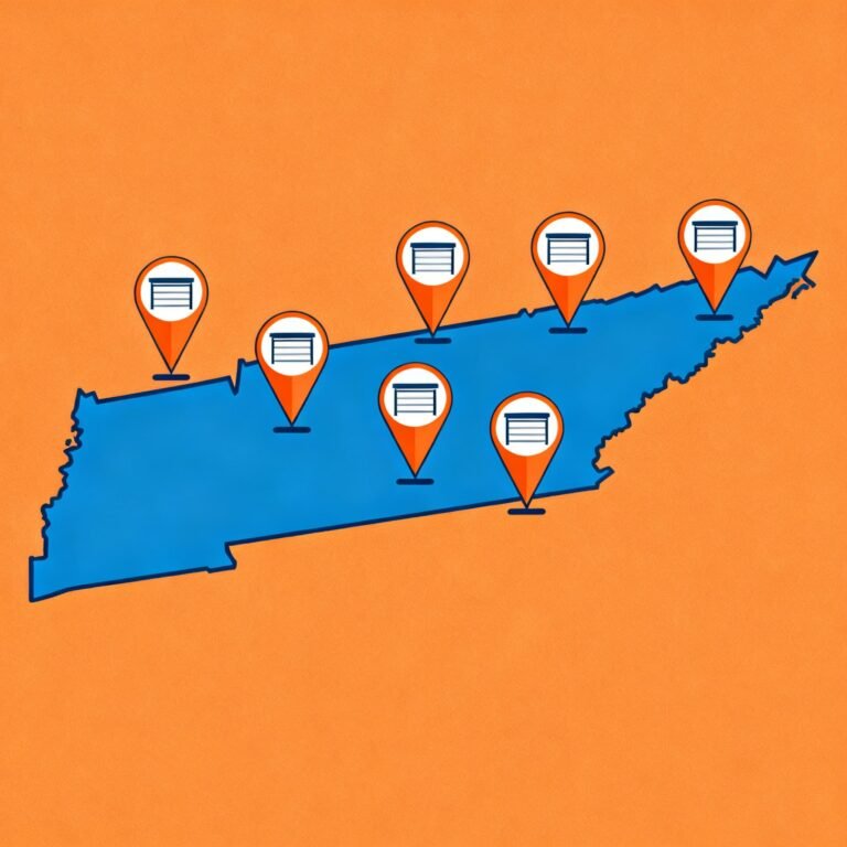 Professional Tennessee service map with location markers and garage door icons in blue-orange color scheme
