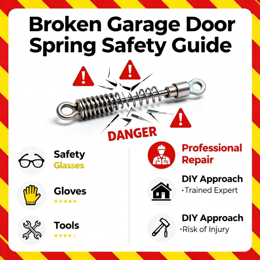 Safety warning illustration showing broken garage door spring with warning symbols, protective equipment icons (safety glasses, gloves, tools), danger signs, professional vs DIY compari