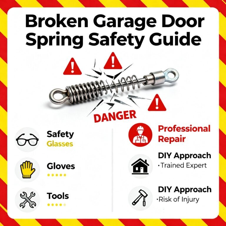 Safety warning illustration showing broken garage door spring with warning symbols, protective equipment icons (safety glasses, gloves, tools), danger signs, professional vs DIY compari