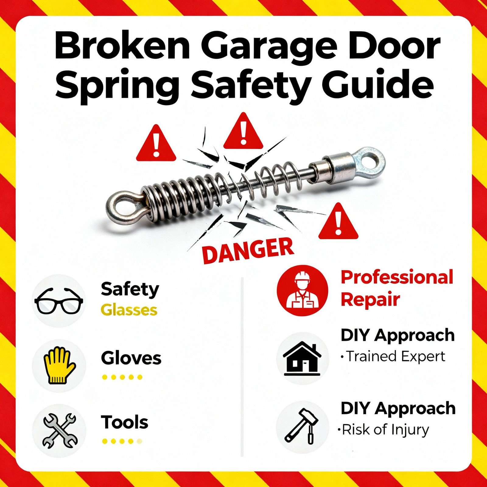 Safety warning illustration showing broken garage door spring with warning symbols, protective equipment icons (safety glasses, gloves, tools), danger signs, professional vs DIY compari